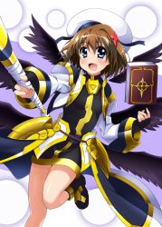 Rule 34 | 1girl, :d, absurdres, armored skirt, beret, black dress, black wings, blue eyes, book, brown hair, commentary request, cropped jacket, dress, feathered wings, hair ornament, hat, highres, holding, holding staff, jacket, juliet sleeves, leg up, long sleeves, looking at viewer, lyrical nanoha, magical girl, mahou shoujo lyrical nanoha reflection, multiple wings, open mouth, puffy sleeves, schwertkreuz, short dress, short hair, simple background, smile, solo, staff, standing, standing on one leg, tome of the night sky, waist cape, white background, white hat, white jacket, wings, x hair ornament, yagami hayate, yorousa (yoroiusagi)