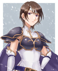 Rule 34 | 1girl, armor, belt, breastplate, brown hair, commentary request, dress, fire emblem, fire emblem: path of radiance, gloves, hand on own hip, hazuki (nyorosuke), looking at viewer, nintendo, purple eyes, short hair, shoulder armor, solo, tanith (fire emblem), upper body, white dress, white gloves
