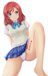 Rule 34 | 1girl, blue bow, blush, body writing, bow, cameltoe, looking at viewer, love live!, love live! school idol project, nishikino maki, nonaka ritsu, panties, pleated skirt, purple eyes, red hair, school uniform, short sleeves, simple background, skirt, smug, solo, sweat, sweater vest, underwear, white background