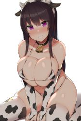 Rule 34 | 1girl, absurdres, animal ears, animal print, ao no kanata no four rhythm, bell, between legs, bikini, black hair, blush, breasts, bridal gauntlets, cleavage, collar, collarbone, cow ears, cow horns, cow print, fake animal ears, fake horns, hairband, hand between legs, highres, horns, jakko, kneeling, large breasts, long hair, looking at viewer, navel, neck bell, parted lips, purple eyes, sideboob, simple background, smile, solo, swimsuit, thighhighs, thighs, tobisawa misaki, underboob, white background