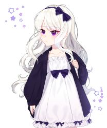Rule 34 | 1girl, black jacket, blush, bow, closed mouth, collarbone, copyright request, dress, fingernails, hair bow, hairband, highres, ia (ias1010), jacket, long hair, long sleeves, open clothes, open jacket, puffy long sleeves, puffy sleeves, purple bow, purple eyes, purple hairband, simple background, sleeves past wrists, solo, star (symbol), very long hair, white background, white dress, white hair