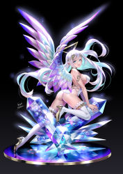 Rule 34 | 1girl, arched back, artist name, banned artist, black background, blue eyes, boots, breasts, crystal, floating hair, flower, headgear, high heel boots, high heels, highres, large breasts, long hair, looking at viewer, midori foo, original, parted lips, pointy ears, signature, solo, thigh boots, white hair, wings