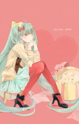 Rule 34 | 1girl, ahoge, character name, flower, green eyes, green hair, hatsune miku, heart, high heels, highres, long hair, matching hair/eyes, own hands clasped, own hands together, p0ckylo, pantyhose, red pantyhose, shoes, sitting, skirt, solo, very long hair, vocaloid
