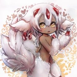 Rule 34 | 1girl, claws, dark skin, extra arms, faputa, fewer digits, hair between eyes, looking at viewer, made in abyss, monster girl, open mouth, shuaidianwang, solo, standing, tail, very dark skin, white fur, white hair, yellow eyes