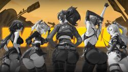 5girls animal_ears artist_name ass back bare_shoulders black_gloves black_hair black_jacket black_panties black_pants black_ribbon black_shirt black_shorts black_skirt black_thighhighs blonde_hair blue_jacket blush breasts burnice_white closed_mouth clothing_cutout commentary cowboy_shot crop_top cropped_jacket earrings elbow_gloves english_commentary english_text evelyn_chevalier eyewear_on_head fingerless_gloves fingernails from_behind gloves gradient_hair green_eyes hair_ribbon heart heart_earrings high-waist_pants high-waist_skirt highres jacket jane_doe_(zenless_zone_zero) jewelry large_breasts long_hair looking_at_viewer median_furrow medium_hair mole mole_on_thigh mole_under_eye mouse_ears mouse_girl mouse_tail multicolored_hair multiple_girls nicole_demara no_jacket orange-tinted_eyewear orange_eyes outdoors panties pants pantyhose parted_lips pink_hair police police_uniform policewoman ponytail red_hair ribbon ring_hair_ornament rucarachi shirt short_hair shorts shoulder_cutout single_elbow_glove single_leg_pantyhose single_thighhigh skirt sky smile streaked_hair sunglasses tail thighhighs thighs tight_clothes tight_pants tinted_eyewear torn_clothes torn_pantyhose torn_thighhighs underbutt underwear white_shirt yellow_background zenless_zone_zero zhu_yuan