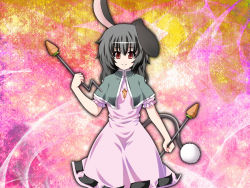 Rule 34 | 1girl, animal ears, carrot, dowsing rod, dress, fal (falketto), female focus, fusion, grey hair, inaba tewi, jewelry, mouse tail, nazrin, necklace, rabbit ears, rabbit girl, rabbit tail, red eyes, short sleeves, smile, solo, tail, touhou