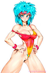 Rule 34 | 1girl, bikini, breasts, bulma, cleft of venus, covering privates, covering crotch, dra (area-s), dragon ball, dragonball z, highres, large breasts, nipple slip, nipples, pubic hair, pussy, pussy peek, roundranchu, solo, swimsuit, thighs, toned, upper body, workout clothes
