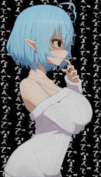Rule 34 | 1girl, absurdres, ahoge, alternate costume, aran sweater, arm under breasts, bare shoulders, biting, black background, black eyes, blue hair, breasts, cable knit, clenched teeth, dress, elf, finger to mouth, from side, highres, hololive, large breasts, lunch boxer, nail biting, off-shoulder sweater, off shoulder, pointy ears, shaded face, short hair, solo, sweater, sweater dress, teeth, text background, virtual youtuber, white dress, white sweater, yukihana lamy