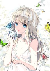 Rule 34 | 1girl, animal, bare arms, bare shoulders, blush, breasts, bug, butterfly, collarbone, commentary request, dress, grey hair, hand up, highres, holding, insect, juna, long hair, looking at viewer, open mouth, original, see-through, sleeveless, sleeveless dress, small breasts, solo, tiara, upper body, veil, very long hair, white dress