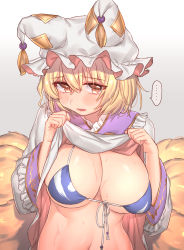 Rule 34 | ..., 1girl, animal hat, bikini, blonde hair, blue bikini, blush, breasts, brown eyes, clothes lift, commentary request, dress, dress lift, fox tail, frilled shirt collar, frilled sleeves, frills, front-tie bikini top, front-tie top, gradient background, grey background, hair between eyes, hat, highres, large breasts, lifted by self, long sleeves, looking at viewer, masanaga (tsukasa), mob cap, navel, open mouth, short hair, solo, spoken ellipsis, stomach, sweat, swimsuit, tail, touhou, upper body, white background, white dress, white hat, wide sleeves, yakumo ran