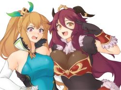 Rule 34 | 2girls, armor, bare shoulders, blonde hair, blush, breast press, breasts squeezed together, breasts, cleavage, collarbone, curvy, dragalia lost, elisanne, fang, frown, gloves, hair between eyes, hair ornament, horns, jewelry, large breasts, light blush, long hair, looking at viewer, medium breasts, multiple girls, mym (dragalia lost), open mouth, ponytail, puffy short sleeves, puffy sleeves, purple eyes, purple hair, ribbon, short sleeves, smile, sweatdrop, symmetrical docking, transparent background, tridisart, v, yellow eyes