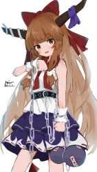 Rule 34 | 1girl, absurdres, blunt bangs, blush, bow, brown eyes, brown hair, brown horns, chain, commentary request, dated, feet out of frame, flat chest, gourd, hair bow, highres, horn bow, horn ornament, horns, ibuki suika, ko su kaa, long hair, looking at viewer, medium bangs, open mouth, purple bow, purple skirt, red bow, ribbon-trimmed skirt, ribbon trim, shirt, sidelocks, simple background, skirt, sleeveless, sleeveless shirt, smile, solo, standing, touhou, very long hair, white background, white shirt