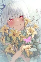 Rule 34 | 1girl, absurdres, amagishiki, blue hair, blue ribbon, blunt bangs, blush, bouquet, bug, butterfly, closed mouth, commentary request, flower, flower request, glowing butterfly, hair ribbon, half-closed eyes, head tilt, highres, holding, holding bouquet, insect, kotonoha aoi, leaf, light smile, looking at viewer, hugging object, red eyes, ribbon, sidelighting, solo, straight-on, upper body, voiceroid, yellow flower