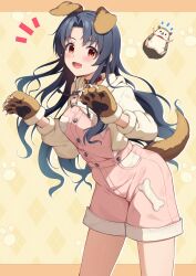 Rule 34 | 1girl, animal ears, animal hands, black hair, blush, bone print, breasts, brown background, brown eyes, brown gloves, buttons, collar, commentary request, dog ears, dog tail, drawstring, fake animal ears, fake tail, gloves, hands up, hedgehog, highres, hood, hoodie, idolmaster, idolmaster million live!, idolmaster million live! theater days, long hair, long sleeves, looking at viewer, medium breasts, miso (misomiso 154), open mouth, overall shorts, overalls, paw gloves, paw print, pink overalls, red collar, smile, solo, tail, takayama sayoko, thighs, wavy hair, white hoodie