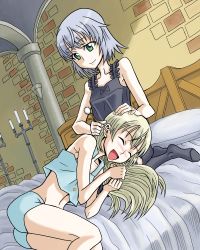 Rule 34 | 00s, 2girls, :d, bed, black legwear, brick wall, camisole, candelabra, candle, candlestand, closed eyes, day, ear cleaning, eila ilmatar juutilainen, green eyes, hand on another&#039;s head, indoors, ishioto, lap pillow, legs together, lingerie, long hair, lying, midriff, mimikaki, multiple girls, on bed, open mouth, pillar, pillow, sanya v. litvyak, short hair, sitting, smile, strike witches, sunlight, thighhighs, underwear, world witches series
