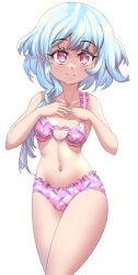 Rule 34 | 1girl, absurdres, blue hair, blush, bra, breasts, cjhomics, cowboy shot, frilled bra, frilled panties, frills, gradient hair, groin, hands on own chest, hands up, heart, heart o-ring, heart print, highres, hip focus, lingerie, looking at viewer, medium hair, midriff, multicolored hair, navel, neptune (series), no wings, o-ring, o-ring top, panties, pink bra, pink eyes, pink panties, short hair with long locks, side ponytail, small breasts, smile, solo, standing, thighs, underwear, underwear only, white sister rom