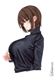 Rule 34 | 1girl, black sweater, blush, breasts, brown hair, closed mouth, cropped arms, cropped torso, ebifurya, from side, hair between eyes, highres, hyuuga (kancolle), kantai collection, large breasts, long sleeves, one-hour drawing challenge, purple eyes, short hair, simple background, solo, sweater, turtleneck, turtleneck sweater, twitter username, upper body, white background