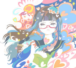 Rule 34 | 1girl, :&lt;, black hair, chiaki kurihara, glasses, hime cut, kazaana, long hair, miniskirt pirates, portrait, solo
