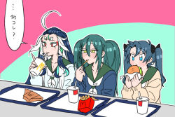 Rule 34 | 3boys, ahoge, alternate costume, alternate hairstyle, black hair, blue eyes, blue eyeshadow, brown shirt, burger, commentary request, cup, disposable cup, drinking straw, drinking straw in mouth, eating, eyeshadow, fate/grand order, fate (series), food, french fries, fujimaru ritsuka (male), gedougawa, green hair, green sailor collar, grey hair, hair between eyes, hair slicked back, holding, holding food, long bangs, long hair, makeup, male focus, mcdonald&#039;s, medium bangs, multiple boys, neckerchief, open mouth, outline, red eyes, sailor collar, school uniform, serafuku, shi huang di (fate), shirt, sidelocks, sitting, slit pupils, table, translation request, twintails, upper body, white hair, white neckerchief, white outline, yan qing (fate), yellow eyes
