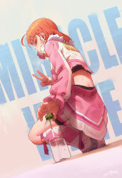 Rule 34 | 1girl, ahoge, boots, bottle, braid, clenched teeth, closed eyes, clothes writing, commentary request, cropped jacket, earrings, facial mark, frilled sleeves, frills, fringe trim, highres, jewelry, knee boots, long sleeves, love live!, love live! sunshine!!, miniskirt, miracle wave, orange hair, pleated skirt, regition, short hair, shorts, shorts under skirt, side braid, skirt, solo, song name, squatting, star (symbol), star earrings, sweat, takami chika, teeth, v, water bottle