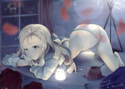 Rule 34 | 1girl, ass, barefoot, blonde hair, blue eyes, blush, cake, closed mouth, dated, drill hair, food, girls und panzer, highres, indoors, long hair, looking at viewer, marie (girls und panzer), panties, shirt, solo, top-down bottom-up, underwear, white panties, white shirt, window