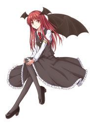 Rule 34 | 1girl, :o, bat wings, blush, female focus, grey pantyhose, head wings, highres, koakuma, necktie, open mouth, pantyhose, red eyes, red hair, red necktie, shoes, skirt, smile, solo, take5321, touhou, vest, wings