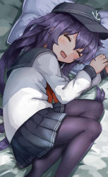 Rule 34 | 10s, 1girl, akatsuki (kancolle), anchor symbol, bed sheet, black pantyhose, blush, drooling, closed eyes, fetal position, flat cap, from above, hair between eyes, hat, highres, kantai collection, long hair, lying, messy hair, neckerchief, okitsugu, on side, open mouth, pantyhose, pillow, pleated skirt, purple hair, red neckerchief, school uniform, serafuku, skirt, sleeping, solo