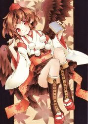 Rule 34 | 1girl, autumn leaves, bad id, bad pixiv id, book, boots, brown hair, detached sleeves, funnyfunny, hat, japanese clothes, knee boots, kourindou tengu costume, looking at viewer, obi, paintbrush, pleated skirt, red eyes, sash, shameimaru aya, short hair, skirt, smile, solo, tokin hat, touhou, traditional media, wide sleeves, wings