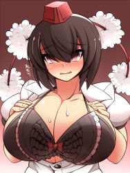 Rule 34 | 1girl, blush, bow, bow bra, bra, breast hold, breasts, breasts out, brown hair, cleavage, collared shirt, commentary request, d:, frilled bra, frills, hat, highres, huge breasts, looking at viewer, open clothes, open mouth, open shirt, pom pom (clothes), puffy short sleeves, puffy sleeves, red eyes, revision, shameimaru aya, shirt, short hair, short sleeves, solo, sweat, tokin hat, touhou, tsurime, ueda katsuhito, underwear