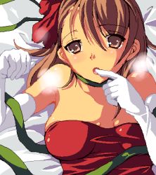 Rule 34 | 1girl, :o, bare shoulders, bed sheet, breasts, breasts apart, breath, brown eyes, brown hair, dress, elbow gloves, finger to mouth, gloves, green ribbon, hair ornament, hair ribbon, lowres, oekaki, open mouth, red ribbon, ribbon, short hair, solo, strapless, upper body, white gloves, wild arms, wild arms 4, yulie ahtreide