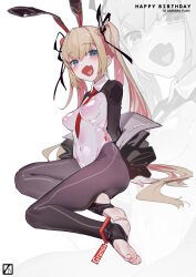 1girl absurdres animal_ears arm_support between_breasts black_pantyhose black_ribbon black_shrug blonde_hair blush breasts character_request check_character check_copyright collared_shrug copyright_request covered_navel fake_animal_ears fang feet hair_ribbon happy_birthday heart heart_in_mouth highres logo long_hair long_sleeves looking_at_viewer necktie necktie_between_breasts off_shoulder pantyhose prisoners_book_(artist) rabbit_ears red_necktie ribbon saenai_heroine_no_sodatekata sawamura_spencer_eriri shrug_(clothing) skin_fang solo stirrup_legwear toeless_legwear toes twintails very_long_hair white_background zoom_layer