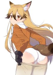 Rule 34 | 10s, 1girl, animal ears, ass, bad id, bad pixiv id, black gloves, black hair, blonde hair, clothes pull, cnm, ezo red fox (kemono friends), fox ears, fox tail, gloves, hair between eyes, highres, jacket, kemono friends, long hair, long sleeves, looking at viewer, multicolored hair, orange eyes, panties, pantyhose, pantyhose pull, simple background, solo, tail, two-tone hair, underwear, white background, white panties, yellow pantyhose