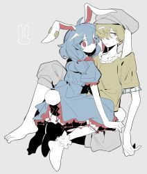 Rule 34 | 2girls, absurdres, animal ears, barefoot, blue dress, blue hair, cabbie hat, closed mouth, colored skin, dress, expressionless, flat chest, floppy ears, full body, furuuchi, grey background, grey headwear, grey shorts, hair between eyes, hair over one eye, hat, highres, long bangs, long hair, looking at viewer, low twintails, mouth hold, multiple girls, rabbit ears, rabbit girl, rabbit tail, red eyes, ringo (touhou), seiran (touhou), shirt, short hair, short sleeves, shorts, simple background, socks, stalk in mouth, tail, touhou, twintails, white skin, white socks, yellow shirt