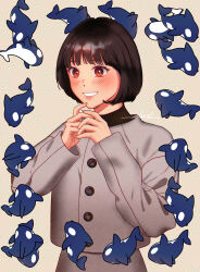 Rule 34 | 1girl, absurdres, blush, bob cut, brown hair, coat, commentary, dotted background, english commentary, extraordinary attorney woo, grey coat, hands up, highres, long sleeves, looking at viewer, orca, red eyes, short hair, smile, solo, standing, tamakkun, whale, woo young-woo