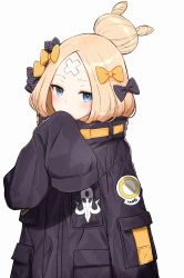 Rule 34 | 1girl, abigail williams (fate), abigail williams (traveling outfit) (fate), bad id, bad twitter id, bandaid, bandaid on face, bandaid on forehead, black bow, black coat, blonde hair, blue eyes, blush, bow, coat, commentary request, covered mouth, crossed bandaids, fate/grand order, fate (series), hair bow, hair bun, highres, long sleeves, looking at viewer, miruto netsuki, official alternate costume, orange bow, parted bangs, polka dot, polka dot bow, simple background, single hair bun, sleeves past fingers, sleeves past wrists, solo, standing, upper body, white background