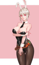 Rule 34 | 1girl, absurdres, animal ears, bare shoulders, battle bunny riven, belt, between breasts, black leotard, breast hold, breasts, brown pantyhose, carrot, cleavage, closed mouth, collarbone, covered navel, cowboy shot, detached collar, eyelashes, fake animal ears, folded ponytail, gluteal fold, hair between eyes, hand on own thigh, highres, large breasts, league of legends, leotard, lips, looking at viewer, md5 mismatch, nail polish, necktie, necktie between breasts, outside border, pantyhose, pink background, pink lips, playboy bunny, rabbit ears, red eyes, red nails, revision, riven (league of legends), shiny skin, short hair, silver hair, skin tight, solo, strapless, thigh gap, wrist cuffs, zhano kun