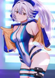 Rule 34 | 1girl, araimooah, blue bow, blue jacket, blue one-piece swimsuit, bow, breasts, fate/grand order, fate (series), front zipper swimsuit, hair between eyes, hair bow, highleg, highleg swimsuit, jacket, large breasts, long hair, looking at viewer, meme attire, one-piece swimsuit, open clothes, open jacket, ponytail, red eyes, revision, short sleeves, silver hair, smile, solo, swimsuit, thigh strap, thighs, tomoe gozen (fate), tomoe gozen (swimsuit saber) (fate), two-tone swimsuit, white one-piece swimsuit