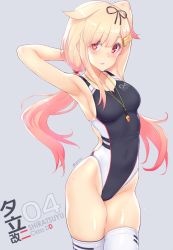 Rule 34 | 1girl, :d, armpits, arms up, black one-piece swimsuit, blonde hair, blush, breasts, character name, collarbone, competition swimsuit, dan (kumadan), grey background, hair between eyes, hair flaps, hair ornament, hair ribbon, hairclip, heart, highleg, highleg swimsuit, highres, kantai collection, lips, long hair, looking at viewer, low twintails, medium breasts, one-piece swimsuit, open mouth, parted lips, red eyes, ribbon, sideboob, simple background, skindentation, smile, solo, swimsuit, thighhighs, twintails, whistle, whistle around neck, white thighhighs, yuudachi (kancolle), yuudachi kai ni (kancolle)