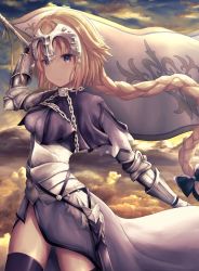 Rule 34 | 1girl, absurdly long hair, black bow, black thighhighs, blonde hair, blue eyes, blush, bow, braid, breasts, closed mouth, cowboy shot, fate/apocrypha, fate/grand order, fate (series), flag, hair bow, highres, holding, holding flag, jeanne d&#039;arc (fate), jeanne d&#039;arc (ruler) (fate), long hair, looking at viewer, medium breasts, misaki miso, smile, solo, standing, thighhighs, very long hair
