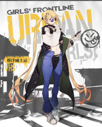 Rule 34 | 1girl, artist request, black choker, black jacket, black shirt, blonde hair, blue nails, blue pants, braid, casual, cellphone, character name, chinese text, choker, closed mouth, collarbone, copyright name, crop top, english text, full body, girls&#039; frontline, hair ornament, hair scrunchie, hand on own chin, highres, holding, holding phone, jacket, jewelry, long hair, long sleeves, looking at viewer, mole, mole under eye, multicolored clothes, multicolored jacket, nail polish, navel, official alternate costume, official art, open clothes, open jacket, pants, phone, promotional art, purple eyes, ring, scrunchie, shirt, shoes, smartphone, sneakers, solo, standing, stomach, twintails, two-tone jacket, two-tone pants, very long hair, vhs (girls&#039; frontline), vhs (whiskey float) (girls&#039; frontline), white footwear