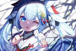 Rule 34 | 1girl, ;3, animal, animal on shoulder, bare tree, beamed quavers, bird, bird on shoulder, black ribbon, blue eyes, blue hair, blue nails, chuor (chuochuoi), commentary request, finger to mouth, fortissimo, hair ornament, hair ribbon, hatsune miku, head tilt, highres, japanese clothes, kimono, long hair, long sleeves, looking at viewer, makeup, musical note, musical note hair ornament, nail polish, one eye closed, parted lips, ribbon, sidelocks, smile, solo, tree, twintails, very long hair, vocaloid, white kimono, wide sleeves, yuki miku