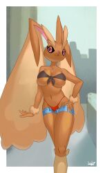 Rule 34 | 1girl, :3, animal nose, arm at side, artist name, bandeau, bare shoulders, black bandeau, blue shorts, blurry, blurry background, body fur, border, breasts, brown fur, closed mouth, collarbone, creatures (company), female focus, furry, furry female, game freak, gen 4 pokemon, groin, half-closed eyes, hand on own hip, happy, highleg, highleg panties, highres, ivvvle, large breasts, legs, long ears, lopunny, micro shorts, navel, nintendo, open fly, outside border, panties, pink eyes, pokemon, pokemon (creature), rabbit ears, rabbit girl, red panties, shorts, skindentation, smile, solo, standing, stomach, string panties, thighs, two-tone fur, unbuttoned, underboob, underwear, watermark, white border, yellow fur