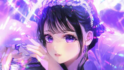 1girl absurdres black_hair blush choppy_bangs close-up earrings glowing glowing_eyes hair_bun head_chain highres jewelry mira_hidume original parted_lips pink_lips portrait purple_eyes purple_nails ring solo