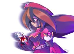 Rule 34 | 1girl, adapted costume, android, beret, blood, breasts, brown hair, capcom, corruption, dark persona, dress, facial mark, female focus, gloves, glowing, glowing eye, hat, highres, iris (mega man), long hair, looking at viewer, looking to the side, medium breasts, military hat, profile, purple eyes, mega man (series), mega man x (series), mega man x4, shaded face, simple background, solo, tomycase, upper body, white background, white gloves