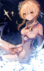 Rule 34 | 1girl, absurdres, arm support, bare shoulders, blonde hair, breasts, chromatic aberration, cleavage, closed mouth, commentary, detached sleeves, dress, eyebrows hidden by hair, feet out of frame, flower, genshin impact, hair between eyes, hair flower, hair ornament, highres, kino (m6t2a), looking at viewer, lumine (genshin impact), medium breasts, short hair with long locks, sidelocks, sitting, sleeveless, sleeveless dress, smile, solo, sparkle, white dress, white flower, white sleeves, yellow eyes