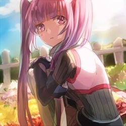 Rule 34 | 1girl, day, female focus, fence, flower, lowres, nature, outdoors, plant, purple eyes, purple hair, shion (kizuro), sky, solo, sophie (tales), tales of (series), tales of graces, twintails