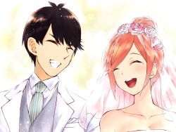 Rule 34 | 1boy, 1girl, black hair, breasts, bridal veil, cleavage, collarbone, couple, dress, flower, go-toubun no hanayome, hair flower, hair ornament, happy, happy tears, hetero, highres, husband and wife, looking at another, nakano yotsuba, necktie, open mouth, orange hair, short hair, striped necktie, tears, teeth, uesugi fuutarou, upper body, upper teeth only, veil, vertical-striped clothes, vertical-striped necktie, wai (y48754085), wedding dress