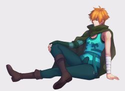 Rule 34 | 10s, 1boy, absurdres, armpit crease, armpits, bad id, bad pixiv id, boots, cape, fate/extra, fate (series), green eyes, hair over one eye, highres, male focus, orange hair, pectoral cleavage, pectorals, robin hood (fate), sitting, tank top, yunelala