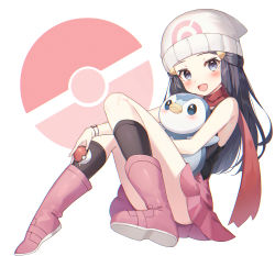 Rule 34 | 1girl, :d, bare shoulders, beanie, black shirt, black socks, blue eyes, blue hair, blush, boots, creatures (company), dawn (pokemon), game freak, gen 4 pokemon, hair ornament, hairclip, hat, highres, holding, holding poke ball, holding pokemon, kneehighs, knees up, long hair, looking at viewer, nam (nam990902), nintendo, open mouth, pink footwear, pink skirt, piplup, poke ball, poke ball (basic), poke ball symbol, pokemon, pokemon (creature), pokemon dppt, reclining, red scarf, scarf, shirt, simple background, skirt, sleeveless, sleeveless shirt, smile, socks, white background, white headwear