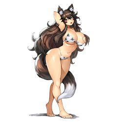 Rule 34 | 1girl, :p, animal ears, animal print, arm behind head, arm up, armpits, bare legs, bikini, blue eyes, blush, breasts, brown hair, commission, covering privates, covering one breast, cow print, gurimjang, highres, large breasts, long hair, looking at viewer, navel, original, pixiv commission, simple background, smile, solo, swimsuit, tail, tongue, tongue out, very long hair, white background, wolf ears, wolf girl, wolf tail